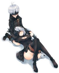 Rule 34 | 1boy, 1girl, :&gt;, ass, bad id, bad pixiv id, black dress, black footwear, black legwear, blindfold, boots, breasts, cleavage, cleavage cutout, clothing cutout, collarbone, couple, dress, gloves, holding hands, hetero, highres, juliet sleeves, large breasts, leaning on person, long sleeves, lying on lap, nier (series), nier:automata, oh (torisanwww), pale skin, patterned clothing, puffy sleeves, seiza, shadow, short hair, sitting, smile, thighs, white background, white hair, 2b (nier:automata), 9s (nier:automata)