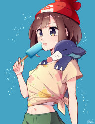 Rule 34 | 1girl, bad id, bad twitter id, beanie, blue background, blush, brown hair, commentary request, creatures (company), eyelashes, food, game freak, gen 7 pokemon, green shorts, hand up, hat, highres, holding, holding stick, hot, navel, nintendo, on shoulder, open mouth, pokemon, pokemon (creature), pokemon on shoulder, pokemon sm, popplio, popsicle, red headwear, selene (pokemon), shirt, short hair, short sleeves, shorts, signature, stick, sweat, tere asahi, tied shirt, yellow shirt