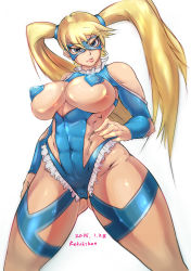 Rule 34 | 1990s (style), 1girl, abs, artist name, ass, bare shoulders, blonde hair, blue eyes, breasts, cameltoe, capcom, cleft of venus, covered erect nipples, covered navel, curvy, dated, domino mask, female focus, gluteal fold, hand on own hip, heart pasties, highres, huge breasts, large breasts, leotard, long hair, looking at viewer, mask, muscular, muscular female, navel, pasties, pout, pursed lips, rainbow mika, raised eyebrow, redchicken, rema177, retro artstyle, serious, shiny skin, simple background, solo, standing, street fighter, street fighter zero (series), thick thighs, thighs, toned, twintails, white background, wide hips
