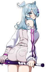 1girl :&gt; absurdres ahoge aqua_eyes aqua_nails ass ass_support baseball_bat blue_hair blush breasts commentary daydarion diamond-shaped_pupils diamond_(shape) dot_nose elira_pendora english_commentary from_behind gloves head_wings highres holding holding_baseball_bat large_breasts long_hair long_sleeves looking_at_viewer looking_back nijisanji nijisanji_en off_shoulder simple_background single_glove sleeves_past_wrists solo symbol-shaped_pupils thighs virtual_youtuber white_background wings