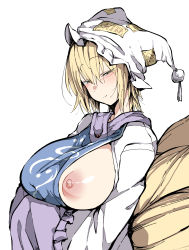 Rule 34 | 1girl, absurdres, animal hat, bad id, bad pixiv id, blonde hair, blush, breasts, dress, fox tail, hair between eyes, hat, head tilt, highres, kz oji, large areolae, large breasts, long sleeves, looking at viewer, mob cap, multiple tails, nipples, one breast out, short hair, simple background, smile, solo, tabard, tail, touhou, upper body, white background, white dress, white hat, wide sleeves, yakumo ran, yellow eyes