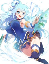Rule 34 | 1girl, :d, aqua (konosuba), armpits, bare shoulders, blue dress, blue eyes, blue footwear, blue hair, blush, boots, breasts, commentary request, detached sleeves, dress, floating hair, floral print, folding fan, foot out of frame, from below, gluteal fold, hair ornament, hair rings, hand fan, happy, highres, holding, holding fan, knee up, kokouno oyazi, kono subarashii sekai ni shukufuku wo!, large breasts, long hair, long sleeves, looking at viewer, no panties, open mouth, pussy, simple background, skirt, smile, solo, thigh boots, thighhighs, very long hair, white background, white sleeves, white thighhighs