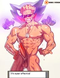 Rule 34 | 1boy, abs, bara, bare pectorals, blonde hair, blue eyes, collarbone, completely nude, creatures (company), cum, dog tags, ejaculation, english text, erection, game freak, gen 1 pokemon, hand on own hip, haunter, highres, jewelry, large penis, male focus, muscular, na insoo, navel, necklace, nintendo, nipples, nude, paid reward available, patreon username, pectorals, penis, pokemon, pokemon (creature), pokemon hgss, precum, saliva, saliva trail, shiny skin, sunglasses, surge (pokemon), teeth