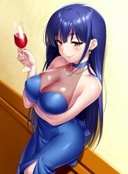 Rule 34 | 1girl, alcohol, arm under breasts, bare shoulders, blue choker, blue dress, blue hair, breasts, choker, cleavage, closed mouth, collarbone, commentary, commission, covered erect nipples, cowboy shot, cup, date a live, dress, drinking glass, english commentary, eyelashes, fingernails, hair between eyes, hand up, holding, holding cup, indoors, itsuka shiori, jewelry, large breasts, lips, long hair, looking at viewer, necklace, pearl necklace, seductive smile, shiny skin, sidelocks, skeb commission, skindentation, smile, solo, standing, straight hair, strapless, strapless dress, very long hair, wine, wine glass, yellow eyes, zen (kamuro)