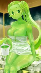 Rule 34 | 1girl, arms at sides, bare shoulders, breasts, bright pupils, cleavage, coffee mug, collarbone, colored skin, cowboy shot, cup, green eyes, green hair, green skin, highres, legs together, liquid, long hair, looking at viewer, medium breasts, monster girl, mug, naked towel, nijitama shiyushiyu, onsen, original, parted lips, pointy ears, ponytail, rock, shiny skin, sitting, slime (substance), slime girl, soaking feet, solo, steam, tentacle hair, thighs, towel, very long hair, water