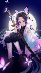 Rule 34 | 1girl, black hair, breasts, bug, butterfly, butterfly hair ornament, commentary request, full moon, gradient hair, hair ornament, haori, highres, holding, holding sheath, insect, japanese clothes, katana, kimetsu no yaiba, knees up, kochou shinobu, long sleeves, looking at viewer, mige shijiu, moon, multicolored hair, night, outdoors, parted bangs, purple eyes, purple hair, sheath, sheathed, short hair, smile, solo, sword, two-tone hair, weapon, white butterfly