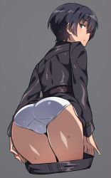 Rule 34 | 1girl, ass, black hair, blue eyes, blush, cameltoe, clothes pull, em (totsuzen no hakike), from behind, grey background, kino (kino no tabi), kino no tabi, looking at viewer, looking back, open mouth, panties, pants, pants pull, pulled by self, short hair, simple background, solo, sweat, underwear, white panties