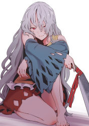 Rule 34 | 1girl, absurdres, bare shoulders, barefoot, blue sleeves, cleaver, closed mouth, clothing cutout, commentary request, crossed arms, detached sleeves, grey hair, hair between eyes, hair over one eye, highres, holding, holding knife, holding weapon, kawayabug, knife, light smile, long hair, looking at viewer, nata (tool), on one knee, red eyes, red ribbon, red skirt, ribbon, sakata nemuno, shirt, simple background, single strap, skirt, solo, touhou, very long hair, weapon, white background, wide sleeves, yellow shirt