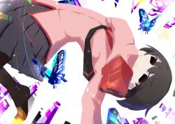 Rule 34 | 1girl, arm across chest, artist name, black hair, black necktie, black pantyhose, black skirt, bob cut, bug, butterfly, falling, hair between eyes, highres, insect, izu lemon, leaning back, long sleeves, looking at viewer, monogatari (series), naoetsu high school uniform, necktie, no lineart, no outlines, no shoes, oshino ougi, pale skin, pantyhose, pink shirt, pleated skirt, school uniform, shirt, short hair, skirt, sleeves past fingers, sleeves past wrists, smile, solo, swallowtail butterfly, twitter username, white background