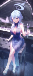 Rule 34 | 1girl, absurdres, ako (blue archive), ako (dress) (blue archive), black footwear, blue archive, blue dress, blue eyes, blue hair, blue halo, blush, breasts, chair, collarbone, cup, dress, earrings, eshineko, full body, grand piano, hair between eyes, halo, high heels, highres, holding, holding cup, instrument, jewelry, large breasts, long hair, open mouth, piano, piano keys, sideboob, sitting, sleeveless, sleeveless dress, smile, solo