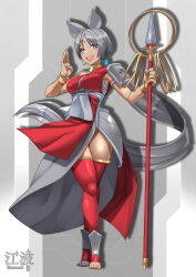 Rule 34 | 1girl, absurdly long hair, absurdres, alternate costume, alternate hair length, alternate hairstyle, animal ears, armor, armpits, asymmetrical armor, bare shoulders, bindi, breasts, bright pupils, dark-skinned female, dark skin, dress, earrings, full body, grey hair, hair ornament, hand gesture, hands up, highres, hip armor, holding, holding polearm, holding weapon, hoop earrings, indian rhinoceros (kemono friends), jewelry, kawanami eito, kemono friends, large breasts, long hair, looking at viewer, neck ring, polearm, ponytail, purple eyes, red tabard, rhinoceros ears, shoulder armor, smile, solo, spear, standing, tabard, taut clothes, thighhighs, toeless legwear, toenails, toes, very long hair, weapon, white pupils, wrist wings, zettai ryouiki