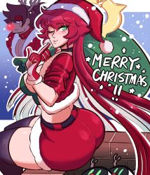 Rule 34 | absurdres, antlers, ass, belt, breasts, collar, gloves, guilty gear, halo, hat, highres, horns, jack-o&#039; valentine, large breasts, minion (guilty gear), multicolored hair, red hair, reindeer antlers, santa costume, santa hat, scruffyturtles, skirt, sol badguy, thighhighs, thighs, two-tone hair, white hair