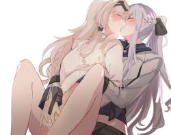 2girls ak-12_(girls&#039;_frontline) an-94_(girls&#039;_frontline) blonde_hair blush bottomless braid closed_eyes clothed_masturbation clothed_sex girls&#039;_frontline hair_ribbon hairband highres kiss long_hair masturbation messy_hair multiple_girls ponytail pussy_juice ribbon silver_hair yuri yuutama2804