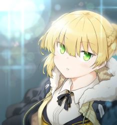 Rule 34 | 1girl, alternate costume, artist request, blonde hair, braid, coat, french braid, fur collar, girls&#039; frontline, green eyes, looking at viewer, neck ribbon, ribbon, solo, welrod mkii (english in love) (girls&#039; frontline), welrod mkii (girls&#039; frontline)