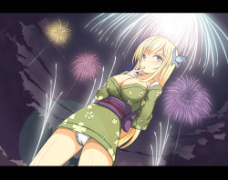 Rule 34 | 10s, 1girl, aerial fireworks, areola slip, blonde hair, blue eyes, blush, boku wa tomodachi ga sukunai, breasts, bug, butterfly, cameltoe, cleavage, fireworks, hair ornament, highres, hu sea, insect, japanese clothes, kashiwazaki sena, large breasts, letterboxed, long hair, night, panties, solo, underwear