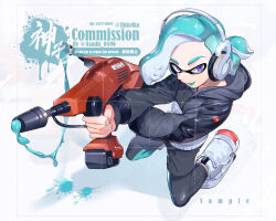 Rule 34 | 1boy, artist name, black jacket, black pants, blue eyes, blue hair, commentary, commission, dual wielding, dualie squelcher (splatoon), from above, gun, headphones, holding, holding gun, holding weapon, hood, hooded jacket, inkling, inkling boy, inkling player character, jacket, jinkoika, looking at viewer, multicolored clothes, multicolored jacket, nintendo, paint, pants, sample watermark, shoes, short hair, solo, splatoon (series), symbol-only commentary, tongue, tongue out, two-tone jacket, watermark, weapon, white background, white footwear, white jacket