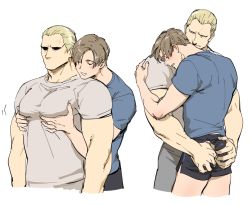 Rule 34 | 2boys, ass, ass grab, bara, blonde hair, brown hair, closed eyes, couple, dolphin shorts, grabbing, grabbing another&#039;s ass, grabbing from behind, groping, hug, jack krauser, large pectorals, leon s. kennedy, looking at another, male focus, multiple boys, muscular, muscular male, pectoral grab, pectorals, resident evil, resident evil: the darkside chronicles, resident evil 4, shirt, short hair, shorts, tatsumi (psmhbpiuczn), white background, yaoi