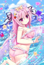 Rule 34 | 1girl, animal ears, ass, back, bad id, bad twitter id, bikini, blue sky, blush, bracelet, breasts, cat ears, cat girl, cat tail, cloud, commentary request, day, flower, food-themed hair ornament, frilled bikini, frills, hair between eyes, hair ornament, hair ribbon, highres, horizon, jewelry, looking at viewer, medium breasts, ocean, original, outdoors, pink eyes, pink hair, ribbon, shiwasu horio, sky, solo, strawberry hair ornament, swimsuit, tail, twisted torso, wading, water drop, x hair ornament