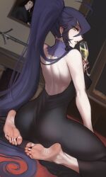 Rule 34 | 1girl, alcohol, barefoot, black hair, champagne, cup, dress, drinking glass, feet, highres, light blush, long hair, looking at viewer, original, parted lips, ponytail, scathegrapes, soles, toes, wine glass, yellow eyes
