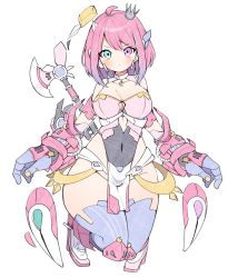 Rule 34 | 1girl, ahoge, armor, blush, bob cut, breasts, cleavage, covered navel, crown, curvy, cutout above navel, full body, gradient hair, green eyes, groin, heterochromia, highres, himemori luna, himemori luna (1st costume), hololive, kuma no bansoukou, large breasts, looking at viewer, mechanical arms, medium hair, mini crown, multicolored hair, pelvic curtain, pink hair, power armor, purple eyes, purple hair, purple thighhighs, simple background, skin tight, solo, thighhighs, tilted headwear, virtual youtuber, white background, wide hips
