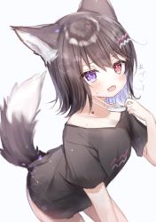 Rule 34 | 1girl, animal ear fluff, animal ears, black shirt, blue eyes, brown hair, colored inner hair, fang, heterochromia, hot, mask, mouth mask, multicolored hair, naked shirt, open mouth, original, red eyes, rucaco, shirt, short hair, short sleeves, skin fang, solo, surgical mask, sweat, tail, white background, wolf ears, wolf tail, yoyogi (rukako)