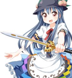 Rule 34 | 1girl, :d, blue hair, brown eyes, dragon quest, dragon quest swords, food, fruit, hat, hinanawi tenshi, holding, long hair, looking at viewer, open mouth, peach, ruu (tksymkw), simple background, smile, solo, sword, touhou, weapon, white background