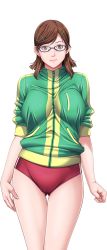 Rule 34 | 1girl, breasts, brown eyes, brown hair, buruma, earrings, game cg, glasses, hair ornament, hairclip, happy, jacket, jewelry, large breasts, legs, looking at viewer, mihara aika, p/a: potential ability, sei shoujo, short hair, simple background, smile, solo, standing, thighs, white background