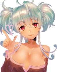 Rule 34 | 10s, 1girl, ahoge, bad id, bad pixiv id, bare shoulders, blue hair, blush, breasts, cagliostro (symphogear), choker, cleavage, collarbone, commentary request, detached sleeves, dress, hair between eyes, heart, highres, index finger raised, large breasts, lips, long hair, looking at viewer, open mouth, purple eyes, saku t, senki zesshou symphogear, short twintails, simple background, smile, solo, twintails, upper body, white background