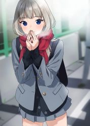 Rule 34 | 1girl, bag, blazer, blue eyes, blurry, blurry background, blush, closed mouth, doushimasho, enpera, grey jacket, grey skirt, hands up, highres, jacket, long hair, long sleeves, looking at viewer, original, outdoors, pleated skirt, red scarf, scarf, school bag, school uniform, skirt, smile, solo, standing, white hair
