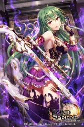 Rule 34 | 1girl, :d, backless outfit, black gloves, breasts, cleavage, copyright name, detached sleeves, fingerless gloves, floating hair, frilled skirt, frills, from behind, full body, gabiran, gloves, grand sphere, green hair, gun, hair between eyes, head tilt, holding, holding gun, holding weapon, long hair, long sleeves, looking at viewer, medium breasts, miniskirt, open mouth, pleated skirt, print skirt, purple skirt, purple sleeves, purple thighhighs, red eyes, red ribbon, ribbon, ribbon-trimmed sleeves, ribbon trim, rifle, sideboob, skirt, smile, solo, thighhighs, very long hair, weapon, white footwear