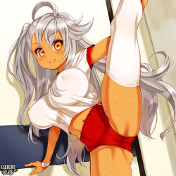 Rule 34 | 1girl, ahoge, blouse, breasts, brown eyes, buruma, cameltoe, closed mouth, copyright name, covered erect nipples, crotch, dark-skinned female, dark skin, gym uniform, impossible clothes, impossible shirt, kerberos blade, large breasts, leg lift, leg up, long hair, looking at viewer, official art, one side up, oppai loli, red eyes, ryoji (nomura ryouji), shirt, silver hair, smile, solo, standing, standing on one leg, stretching, sweat, thighhighs, very long hair, white shirt, white thighhighs, wristband