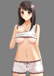 Rule 34 | 1girl, bad id, bad nicoseiga id, bare arms, bare shoulders, black hair, blush, boxers, breasts, brown eyes, chiro, clothes lift, collarbone, cowboy shot, female focus, grey background, hand on own chest, large breasts, lingerie, long hair, looking at viewer, male underwear, navel, original, shirt lift, simple background, solo, tank top, underboob, underwear, underwear only