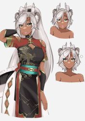 Rule 34 | 1girl, absurdres, alternate hairstyle, animal ears, artist request, bracelet, breasts, chinese clothes, dark-skinned female, dark skin, expressions, fangs, feet out of frame, grey background, highres, horns, jewelry, large breasts, open mouth, pants, ponytail, sansin jin, scar, serious, smile, virtual youtuber, white hair, yellow eyes