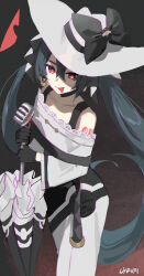 Rule 34 | 1girl, alternate costume, bare shoulders, black gloves, bow, cosplay, creatures (company), detached sleeves, game freak, gloves, haruri, hat, hat bow, hatsune miku, long hair, nintendo, pokemon, smile, solo, tongue, twintails, vocaloid