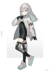Rule 34 | 1girl, bad id, bad twitter id, blue eyes, blue hair, full body, hair ornament, hairclip, highres, ina (vtuber), long hair, looking at viewer, multicolored hair, official art, pale skin, seven carat, shoes, silver hair, sneakers, solo, thighhighs, virtual youtuber