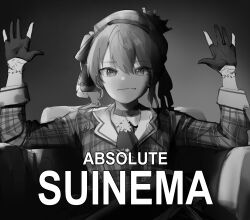Rule 34 | 1girl, absolute cinema (meme), armchair, beret, chair, choker, closed mouth, crown, gloves, greyscale, hair between eyes, hair ribbon, hand up, hat, highres, hololive, hoshimachi suisei, hoshimachi suisei (1st costume), hyde (tabakko), jacket, long sleeves, looking at viewer, meme, monochrome, on chair, open hands, partially fingerless gloves, plaid, plaid headwear, plaid jacket, pun, ribbon, side ponytail, sitting, solo, star (symbol), star in eye, straight-on, symbol in eye, upper body, virtual youtuber