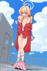 Rule 34 | 1girl, ahoge, blonde hair, blue archive, blue sky, breasts, brown eyes, cloud, covering crotch, covering privates, dated, day, full body, hair ribbon, halo, highres, jacket, kneehighs, long hair, mangdolce, nipples, outdoors, panties, panty pull, pink panties, pink skirt, red jacket, red ribbon, ribbon, skirt, sky, small breasts, socks, solo, standing, tearing up, underwear, white socks, yoshimi (blue archive)