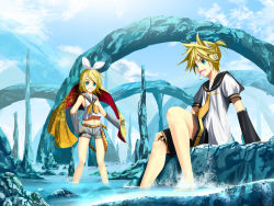 Rule 34 | 1boy, 1girl, blonde hair, blue eyes, brother and sister, detached sleeves, hair ornament, hairclip, headphones, kagamine len, kagamine rin, kouji (astral reverie), midriff, nero (pixiv# 28115), ribbon, shorts, siblings, sitting, soaking feet, twins, vocaloid, water