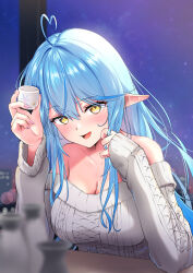 Rule 34 | 1girl, absurdres, ahoge, blue hair, blush, breasts, choko (cup), cleavage, cup, heart, heart ahoge, highres, hololive, jewelry, large breasts, long hair, off-shoulder sweater, off shoulder, pink nails, pointy ears, ring, sweater, tatataecho, tokkuri, virtual youtuber, yellow eyes, yukihana lamy