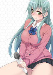 Rule 34 | 1girl, black skirt, blue bow, blue bowtie, blush, bow, bowtie, breasts, cardigan, collared shirt, green eyes, green hair, hair ornament, hairclip, hitachi magic wand, jewelry, kantai collection, large breasts, long hair, long sleeves, mikagami sou, miniskirt, official alternate costume, panties, pink cardigan, pleated skirt, ring, school uniform, sex toy, shirt, skirt, smile, solo, suzuya (kancolle), underwear, vibrator, wedding ring, white panties, white shirt