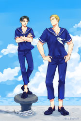 Rule 34 | 2boys, artist name, black eyes, black hair, blonde hair, blue eyes, blue pants, blue sailor collar, cloud, collarbone, crossed arms, erwin smith, hands on own hips, levi (shingeki no kyojin), loafers, looking at another, male focus, mskei, multiple boys, neckerchief, pants, sailor, sailor collar, shingeki no kyojin, shoes, shore, short hair, short sleeves, skyline, smile, toned, toned male, uniform, white neckerchief