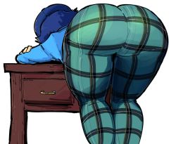 Rule 34 | 1girl, ass, bent over, blue hair, from behind, hat, huge ass, official alternate costume, on table, persona, persona 4, plaid, plow (witch parfait), shirogane naoto, solo, table