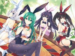Rule 34 | absurdres, animal ears, black hair, blue eyes, breasts, bunny day, clock eyes, date a live, fake animal ears, gloves, green hair, highres, leotard, long hair, looking at viewer, multiple girls, natsumi (date a live), official art, open mouth, pantyhose, playboy bunny, rabbit ears, red eyes, short hair, smile, symbol-shaped pupils, thighhighs, tobiichi origami, tokisaki kurumi, tsunako, twintails, yatogami tooka