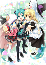Rule 34 | 3girls, :d, apron, black legwear, blonde hair, blue eyes, bow, braid, crossover, detached sleeves, female focus, green eyes, green hair, grin, hat, hat bow, unworn hat, hatsune miku, unworn headwear, kirisame marisa, little busters!, long hair, mary janes, microphone, multiple crossover, multiple girls, necktie, noumi kudryavka, open mouth, outstretched hand, pink bow, sato-pon, shoes, silver hair, single braid, skirt, smile, star (symbol), thighhighs, touhou, twintails, very long hair, vocaloid, waist apron, white legwear, witch, witch hat, yellow eyes, zettai ryouiki