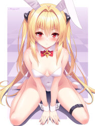 Rule 34 | 1girl, animal ears, arm support, bare shoulders, belt, blonde hair, breasts, collarbone, covered navel, cygnus (cygnus7), detached collar, fake animal ears, hair between eyes, hair intakes, high heels, highres, konjiki no yami, leotard, long hair, looking at viewer, playboy bunny, red eyes, serious, shoes, sitting, skin tight, small breasts, solo, strapless, strapless leotard, thigh belt, thigh strap, to love-ru, to love-ru darkness, twitter username, v arms, wariza, white footwear, white leotard