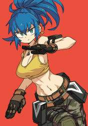 Rule 34 | 1girl, armlet, belt, blue hair, breasts, camouflage, camouflage pants, cleavage, clenched hand, closed mouth, dog tags, earrings, green eyes, highres, jewelry, large breasts, leona heidern, midriff, mizuno (okn66), navel, no bra, pants, ponytail, pouch, simple background, snk, solo, tank top, the king of fighters, the king of fighters xiv, the king of fighters xv, triangle earrings