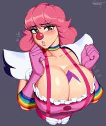 Rule 34 | 1girl, absurdres, ace attorney, alternate breast size, between breasts, breasts, cleavage, clown, clown girl, clown nose, condom, condom wrapper, dress, geiru toneido, gloves, heart, highres, huge breasts, looking at viewer, nezulet, phoenix wright: ace attorney - spirit of justice, pink dress, pink gloves, pink hair, rainbow, shoulder pads, standing, suspenders, watermark