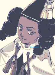 Rule 34 | 1girl, afro puffs, cape, closed mouth, commentary request, dark-skinned female, dark skin, gouu (yolnel517), highres, jujy (tongari boushi no atelier), limited palette, long hair, looking at viewer, multi-tied hair, pointy hat, smile, solo, tassel, tongari boushi no atelier, twintails, twitter username, upper body, white background