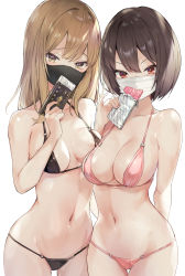 2girls absurdres asymmetrical_docking bare_shoulders bikini black_bikini black_hair breast_press breasts brown_hair candy chocolate chocolate_bar cleavage collarbone cowboy_shot food groin halterneck highres long_hair looking_at_viewer masco mask medium_breasts mouth_mask multiple_girls nail_polish navel original pink_bikini red_eyes short_hair simple_background small_breasts standing stomach string_bikini swimsuit thigh_gap v-shaped_eyebrows white_background yellow_eyes