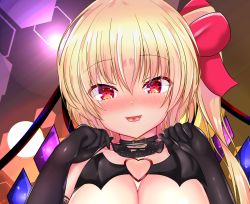 Rule 34 | 1girl, black gloves, blonde hair, blush, breasts, cleavage, close-up, commentary request, elbow gloves, fang, flandre scarlet, gloves, hair between eyes, heart, kurenai (anohitop), large breasts, lingerie, long hair, looking at viewer, multicolored wings, open mouth, red eyes, side ponytail, solo, touhou, underwear, wings